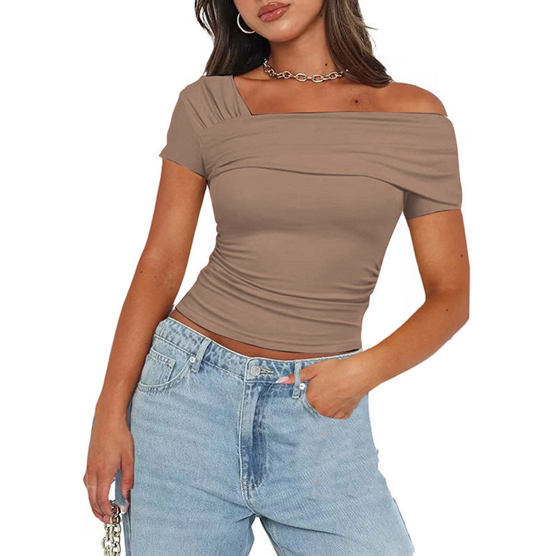 Wholesale Polyester Solid Color Single Shoulder Short Sleeved Open Back Pleated Top T-shirt