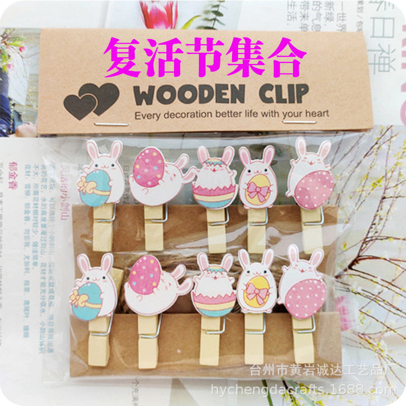 Wholesale Easter element collection cartoon rabbit clip hanging photo wall kindergarten flower shop card Easter egg small wooden clip