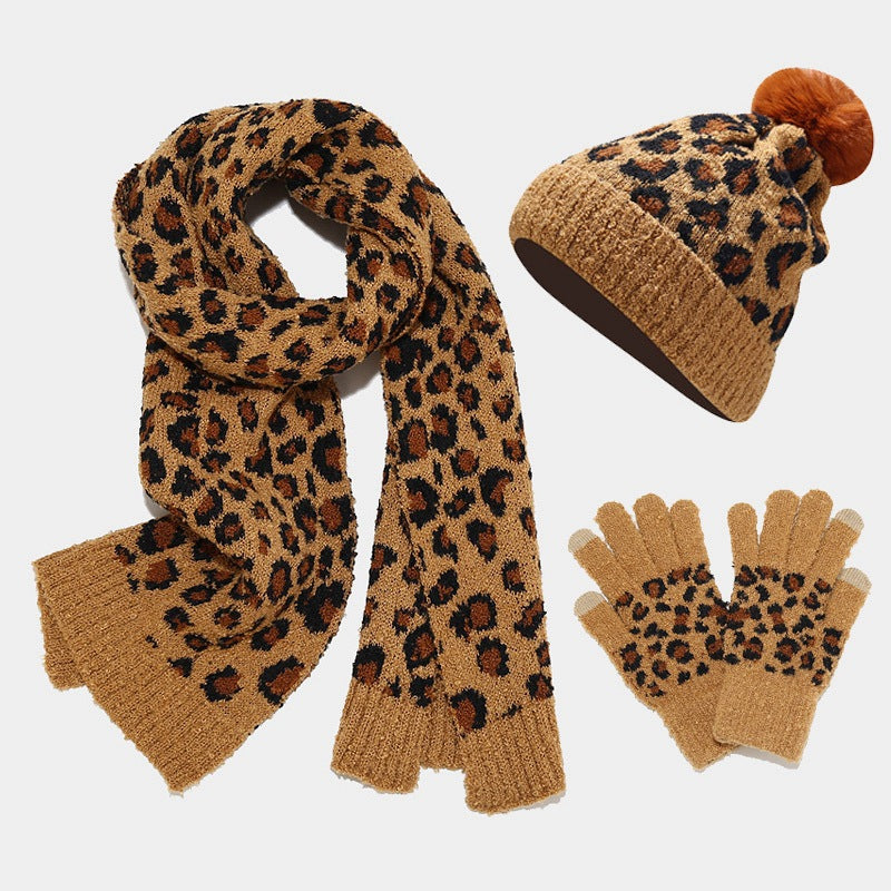 Wholesale Autumn and Winter Cold-proof and Warm Thickened Wool Knitted Leopard Print Scarf and Gloves Three-piece Set