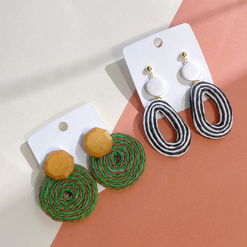 Wholesale Straw Handwoven Geometric Stud Earrings