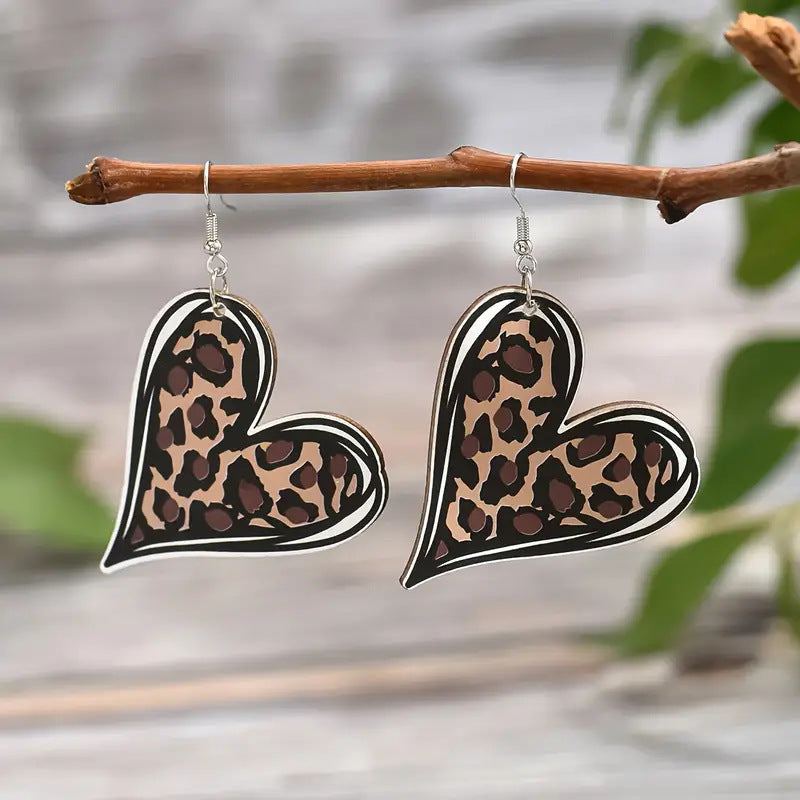 Wholesale 10pcs Mother' s Day Leopard Print Love Double-Sided Wooden Earrings