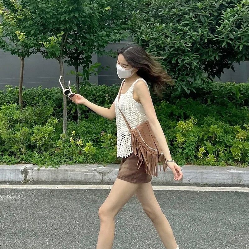 Wholesale Vintage Tassel Faux Suede Saddle Shoulder Bag