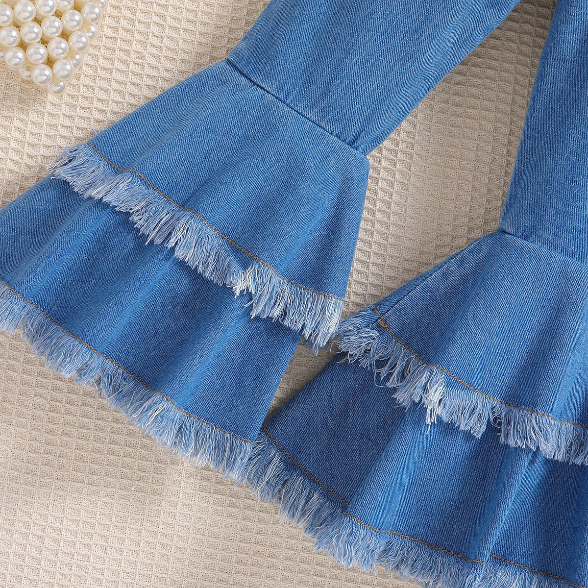 Wholesale Polyester Children's Drawstring Tops Denim Bell Bottoms Two Piece Set