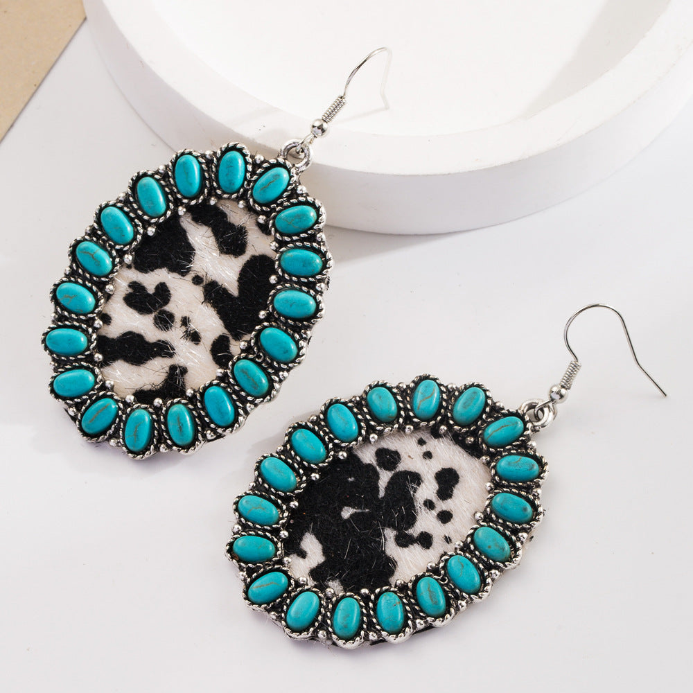 Wholesale Vintage Bohemian Turquoise Geometric Exaggerated Leather Earrings