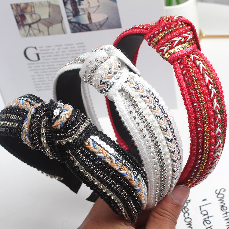 Wholesale Korea Studded Pearl Sequins National Pneumatic Drill Wide-brimmed Knot Hairband