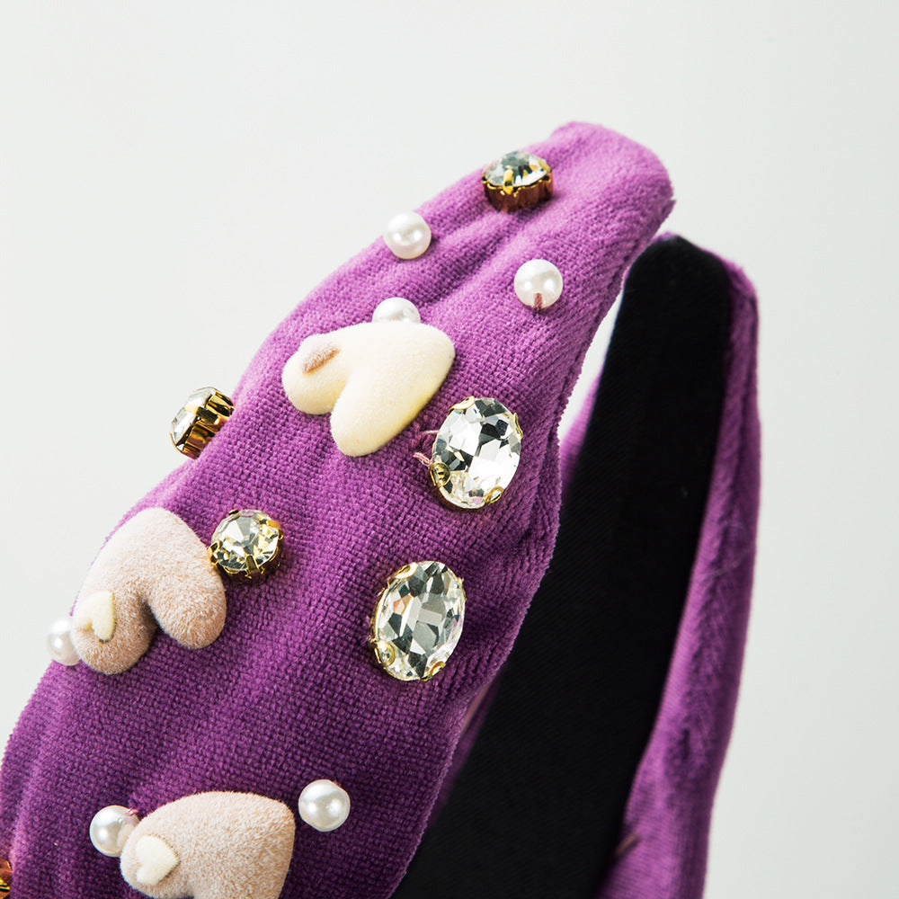 Wholesale Valentine's Day Hand-sewn Glass Diamond Love Velvet Headband