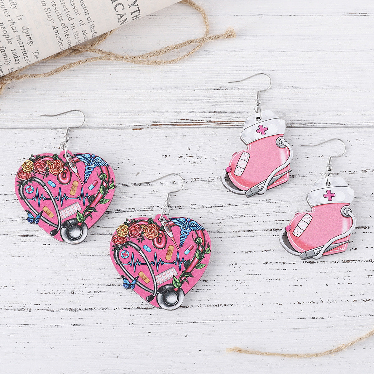 Wholesale Nurse' s Day Stethoscope Flower ECG Heart Pendant Earrings