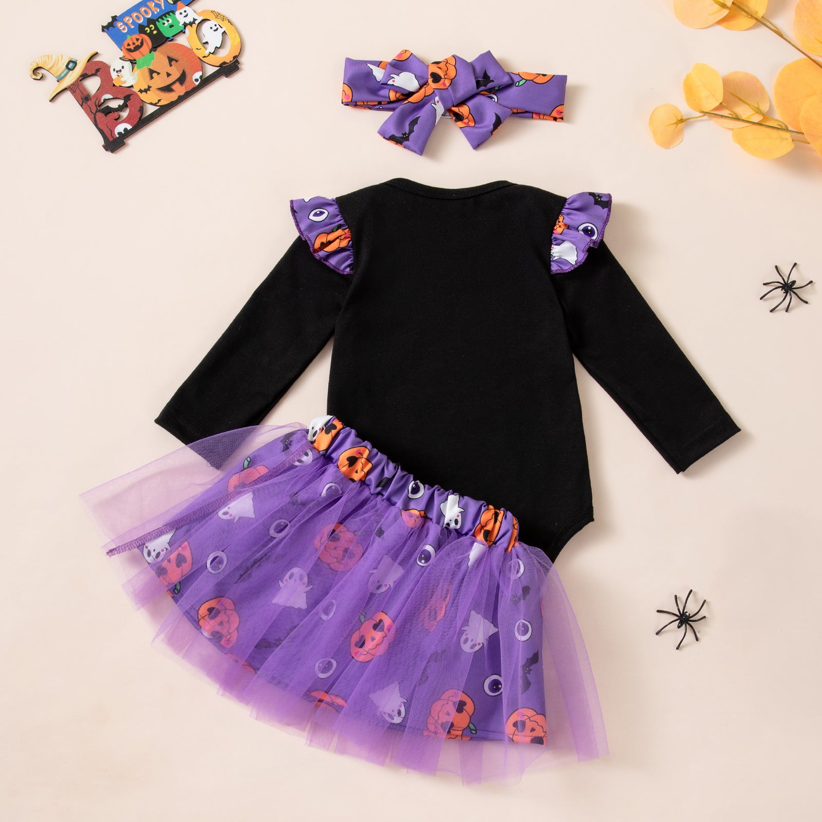 Wholesale Cute  Baby Girl Outfit Set Long Sleeve Ghost Pumpkin Skirt And Socks