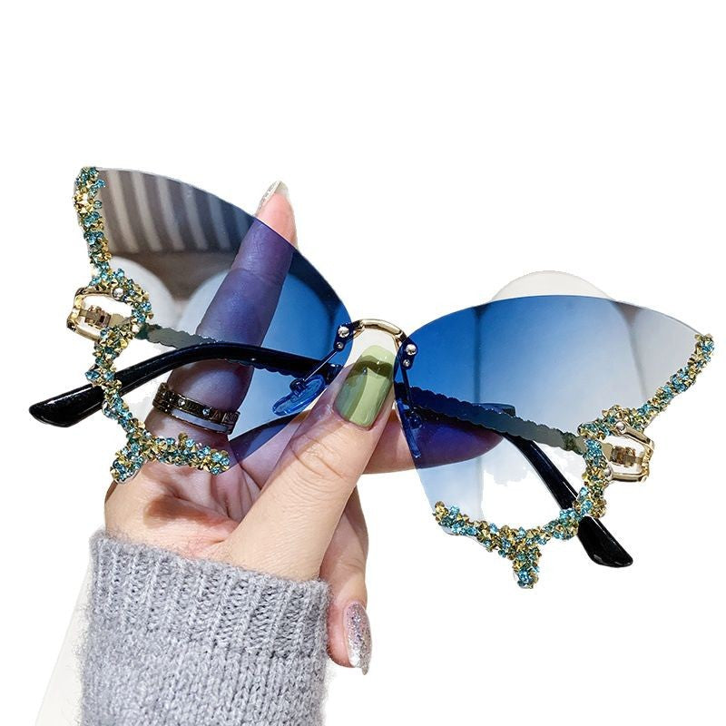 Wholesale New Butterfly Shape Diamond Rimless Sunglasses Women's Fashion Personality Exaggerated Sunglasses