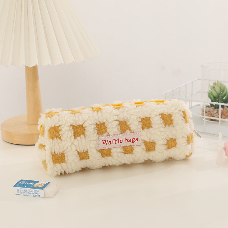 Wholesale Waffle Lamb Plush Checkerboard Pencil Case