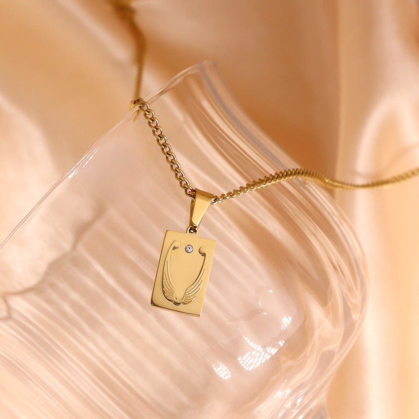 Wholesale Wings with Diamond Square Pendant Titanium Steel Golden Zircon Clavicle Chain