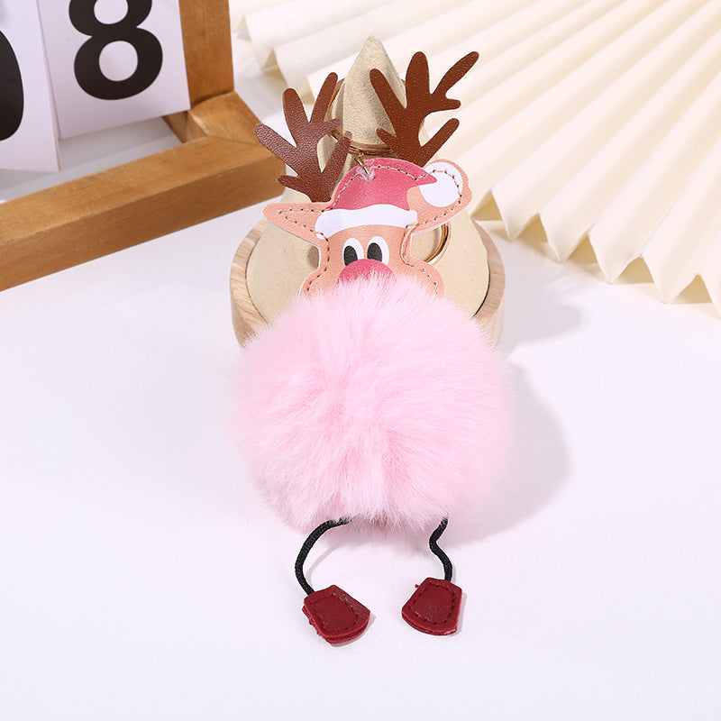Wholesale Christmas Leather Elk Santa Claus Fur Ball Keychain