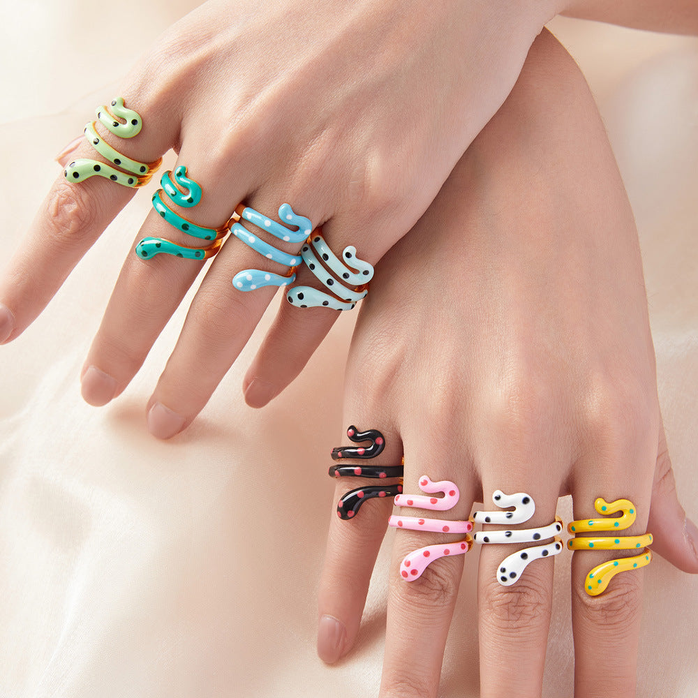 Wholesale Bohemian style color oil drop snake copper ring ins sweet cool hot girl open finger ring color retention in stock supply