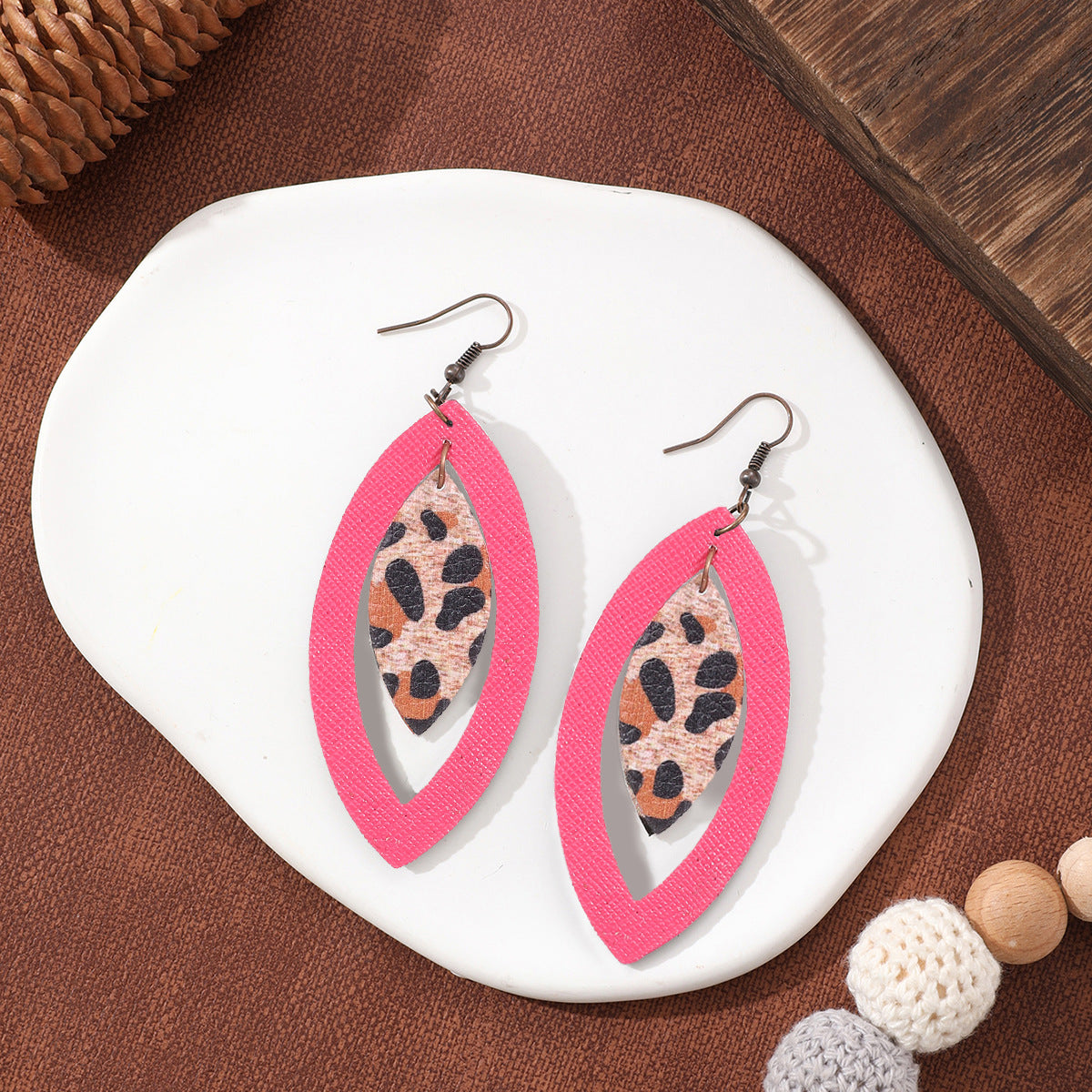 Wholesale Hollow Leopard Drop Leather Earrings