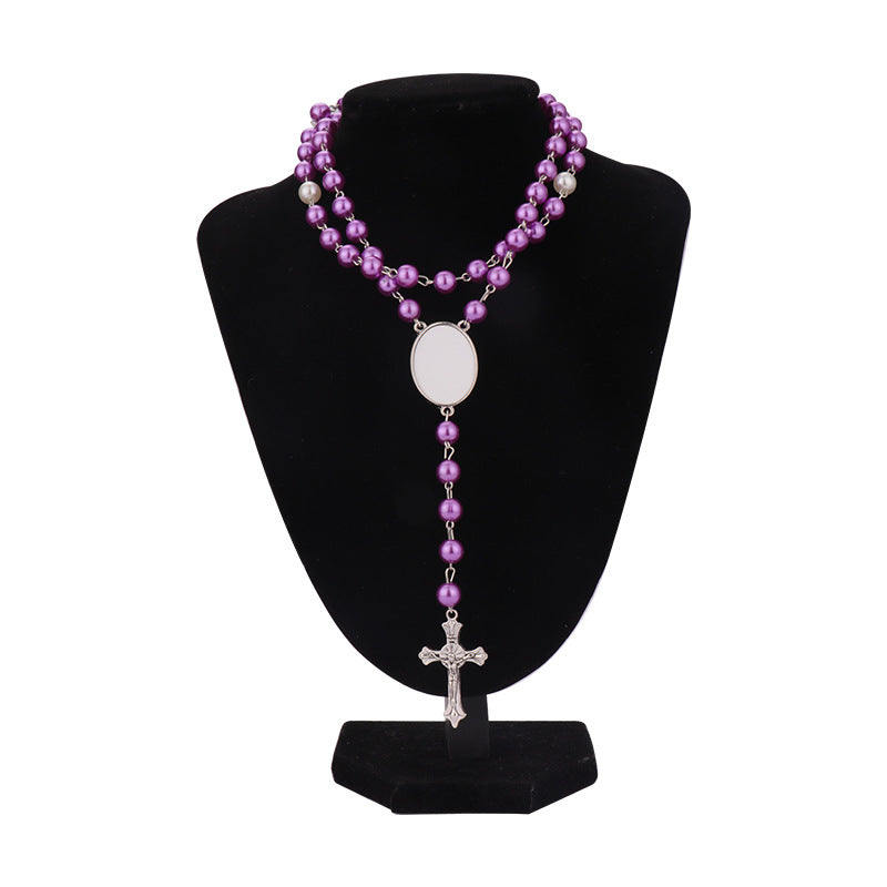Wholesale Heat transfer rosary beads cross metal necklace