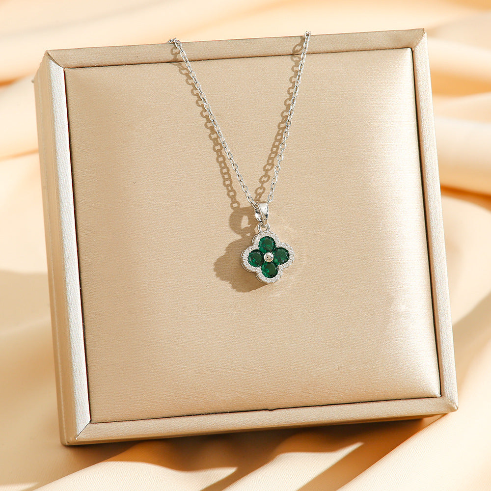 Wholesale Full Diamond Zircon Lucky Color Diamond Clover Titanium steel necklace