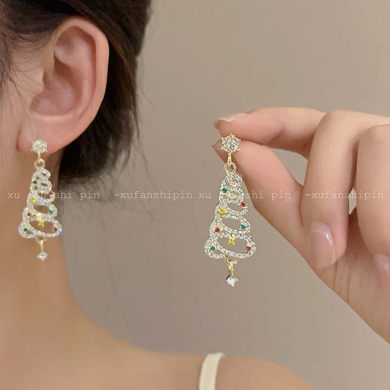 Wholesale New Colorful Diamond-encrusted Christmas Tree Trendy Personality Silver Pin Stud Earrings