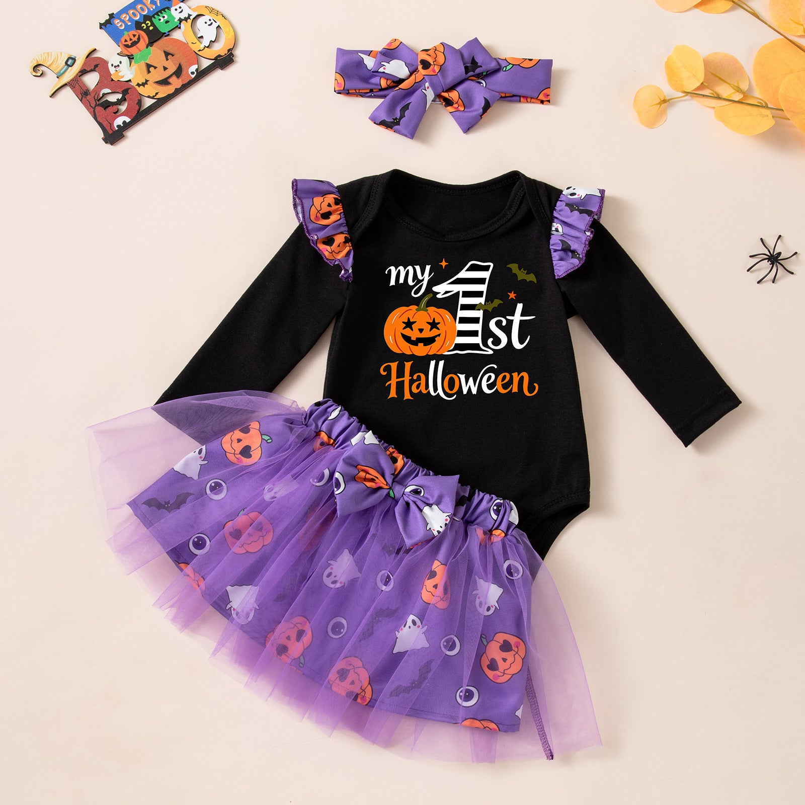 Wholesale Cute  Baby Girl Outfit Set Long Sleeve Ghost Pumpkin Skirt And Socks