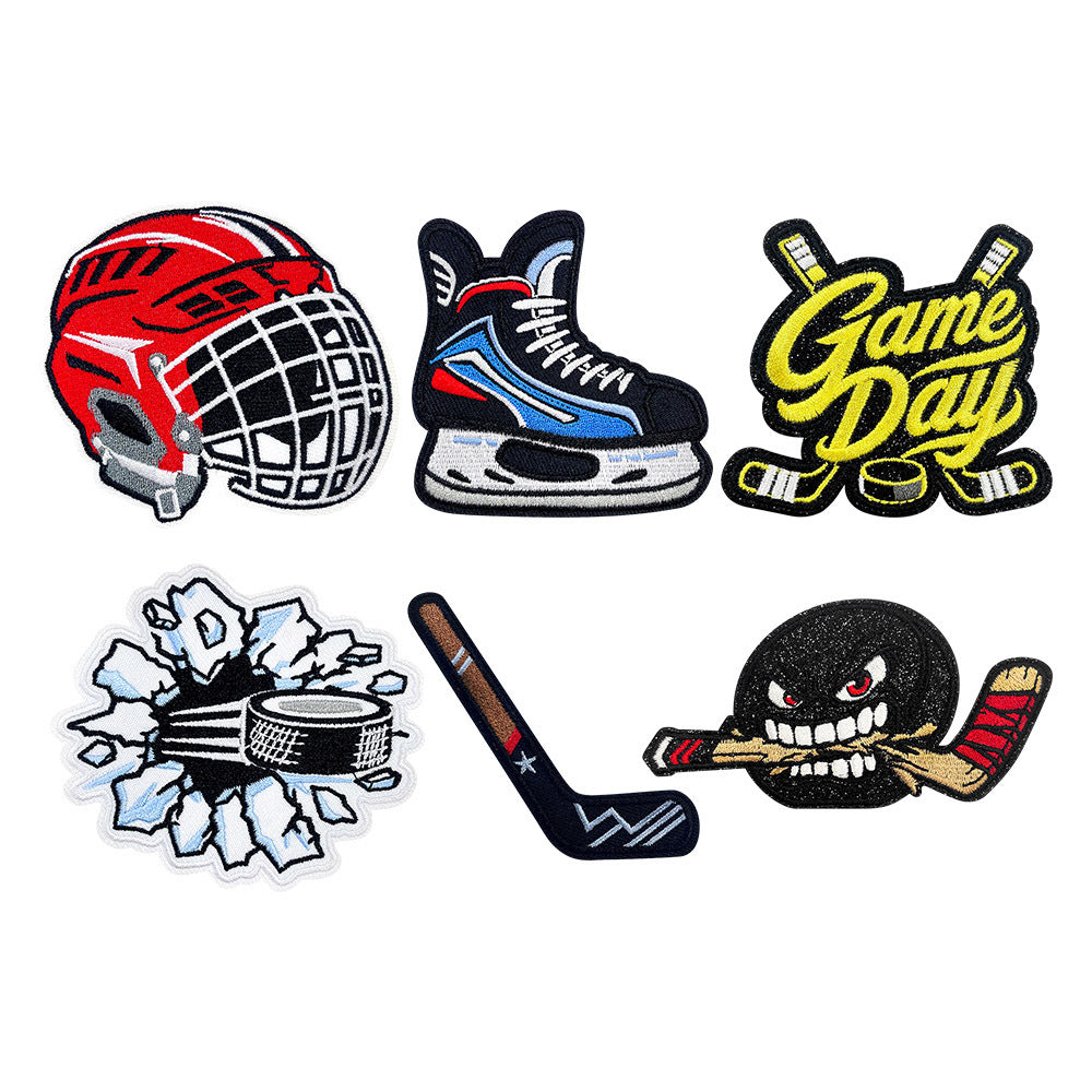 Wholesale Ice Hockey Theme Embroidered Patches Iron On DIY Adhesive Polyester For Clothing Helmets