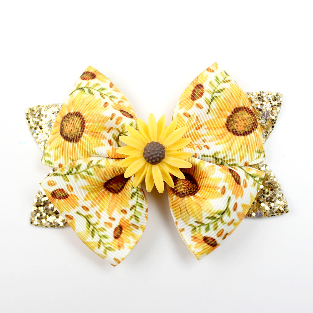 Wholesale 5pcs Shiny Boutique Bow Daisy Sunflower Print Hair Clip