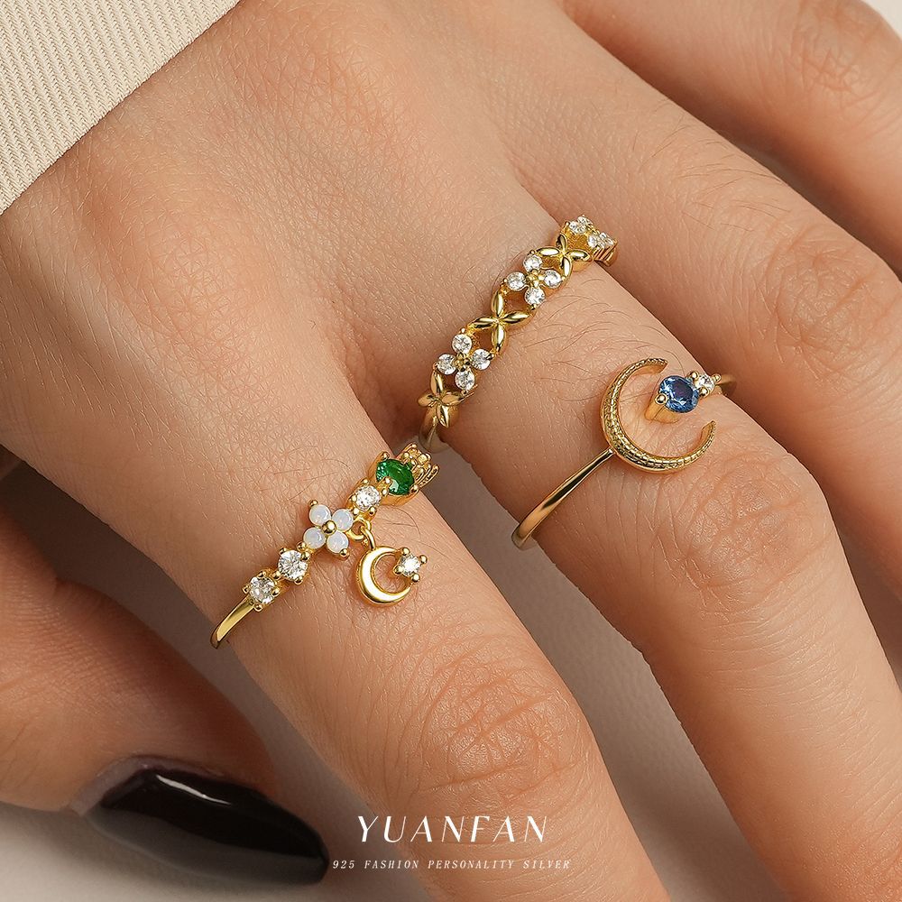 Wholesale s925 Sterling Silver Colored Diamond Star Moon Ring