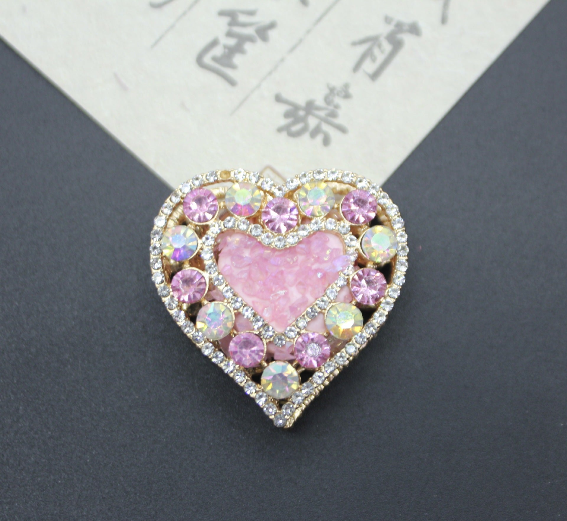 Wholesale Double-sided hollow heart inlaid with diamond crushed pink crystal straight hole beads