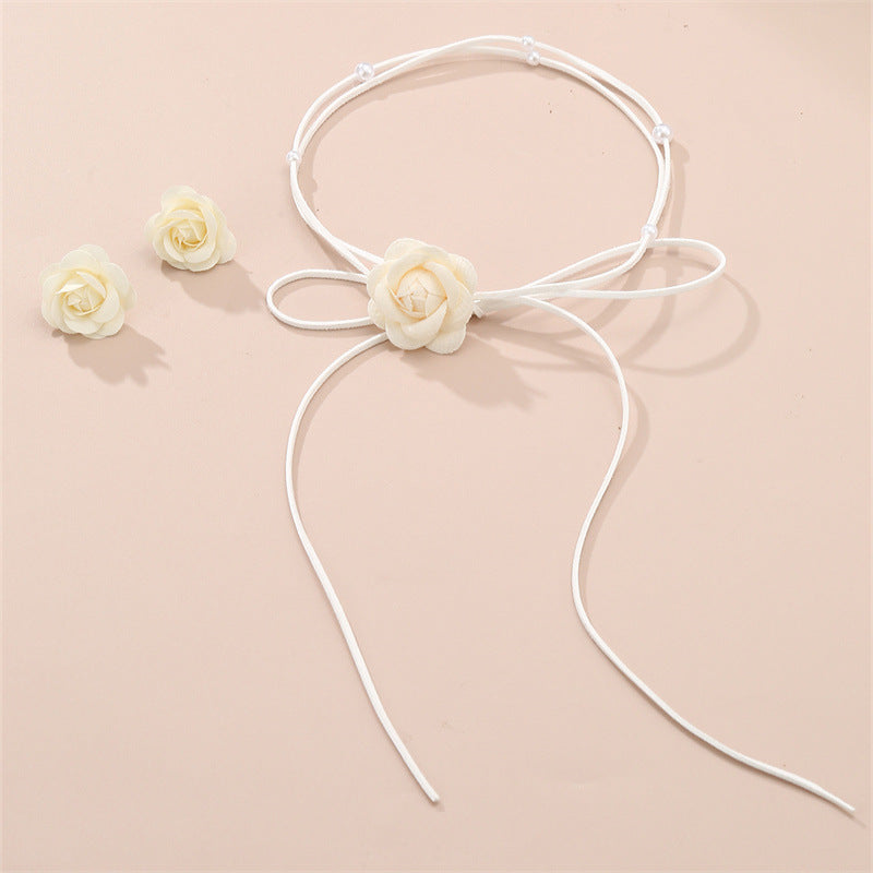 Wholesale Denim Camellia Beaded Strap Necklace Earrings Set