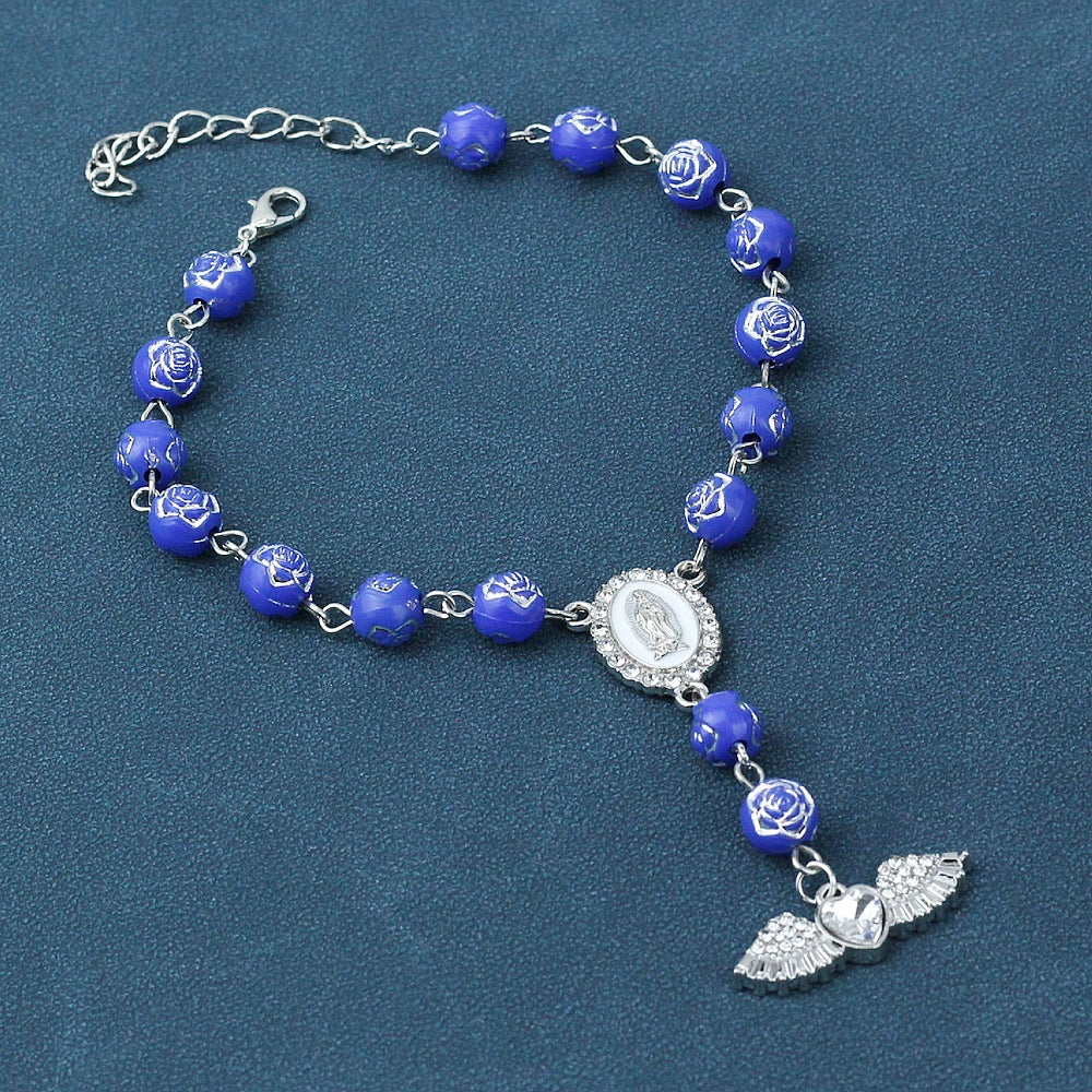 Wholesale Flower Bead Diamond Heart Angel Wings Prayer Bead Bracelet