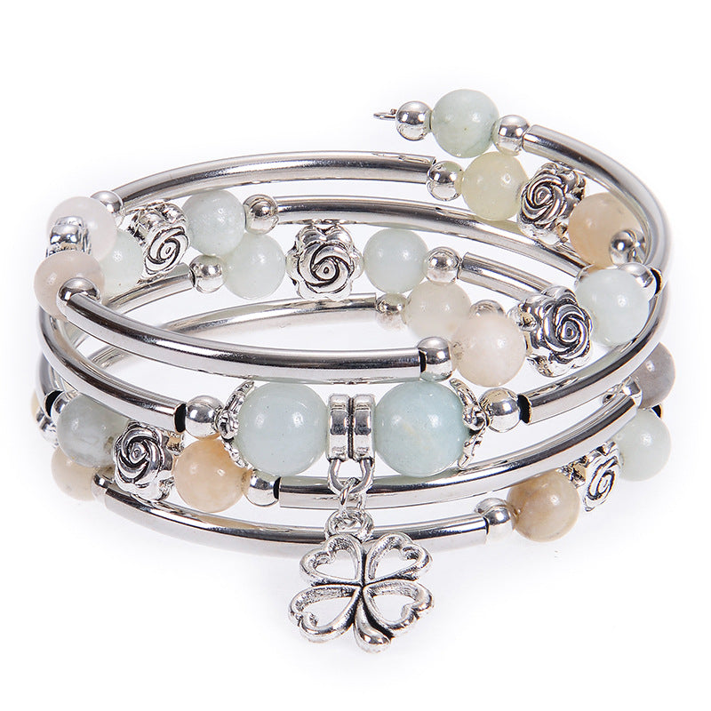 Wholesale Natural Pink Zebra Stone Multi-layer Natural Stone Beaded Flower Bracelet