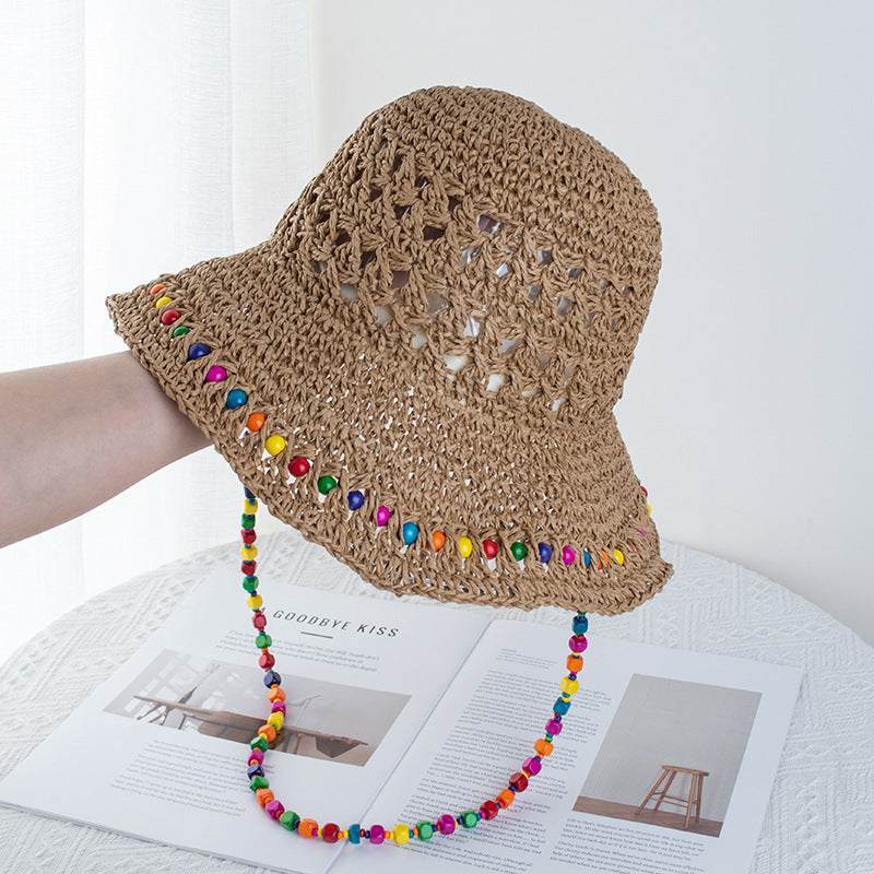 Wholesale Colorful wooden bead straw foldable beach sun protection bucket hat