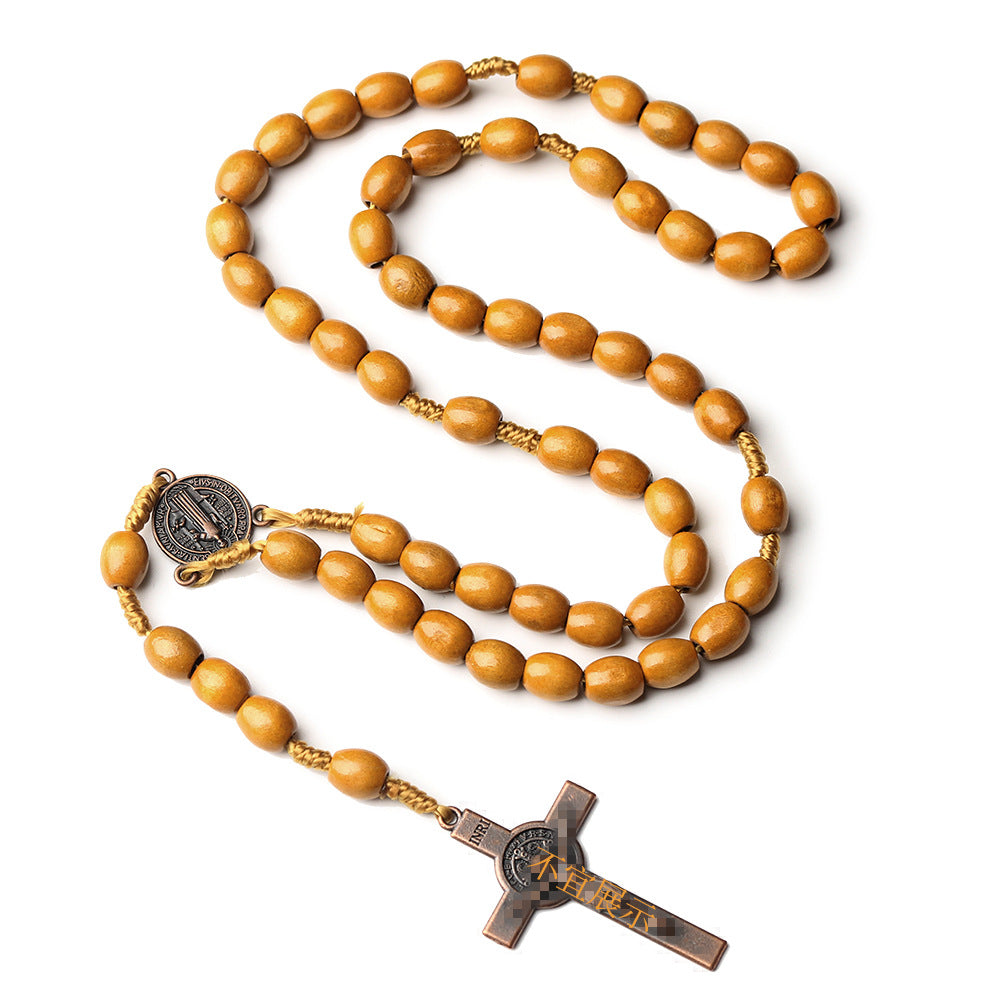 Wholesale Wooden Cross Braided Brown Rosary Necklace