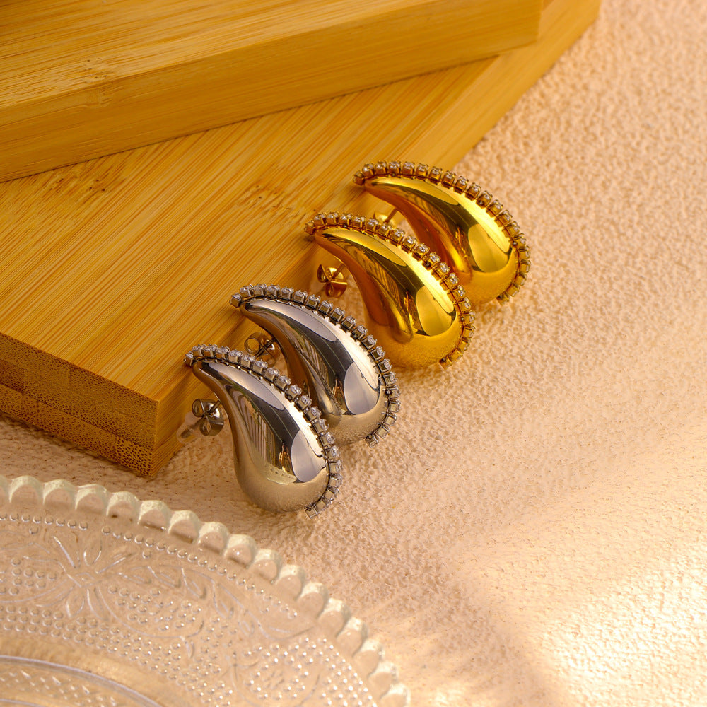 Wholesale Hollow Water Drop Diamond 18K Gold Stainless Steel Earrings