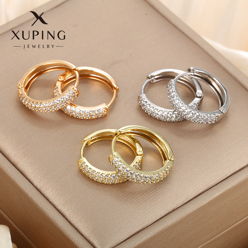 Wholesale Three Row Diamond Wide Face Retro High End Loop Earrings