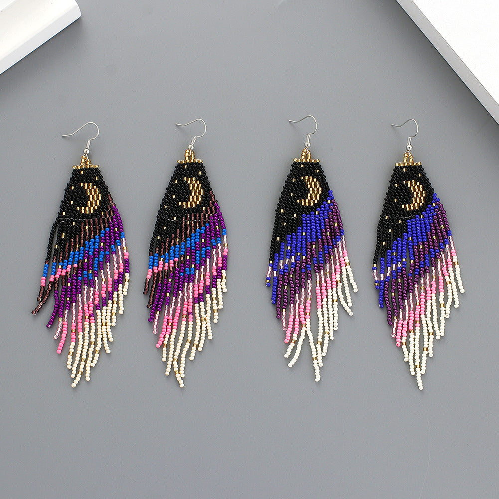 Wholesale Handmade Rice Bead Moon Tassel Earrings