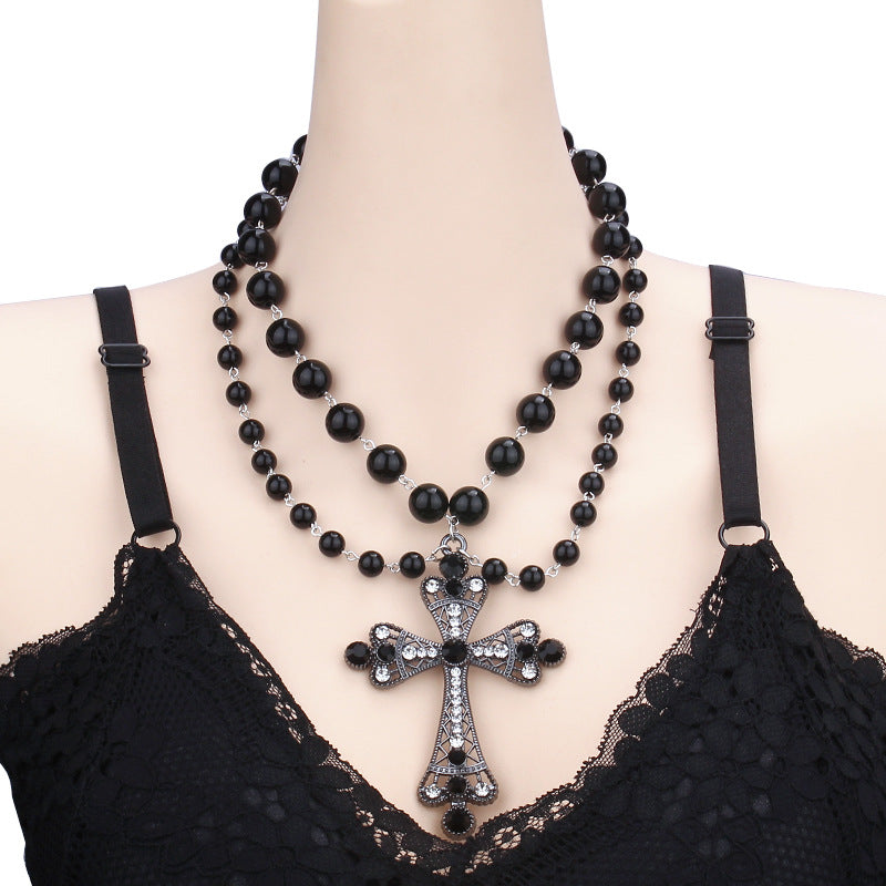 Wholesale Halloween Dark Fashion Cross Imitation Pearl Necklace