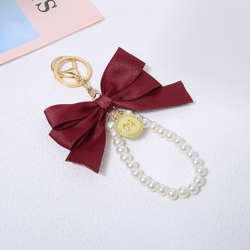 Wholesale New Large Pearl Bow Keychain Pendant Handmade Hair Accessories Ribbon Cloth Knot Accessories Headset Bag Decoration
