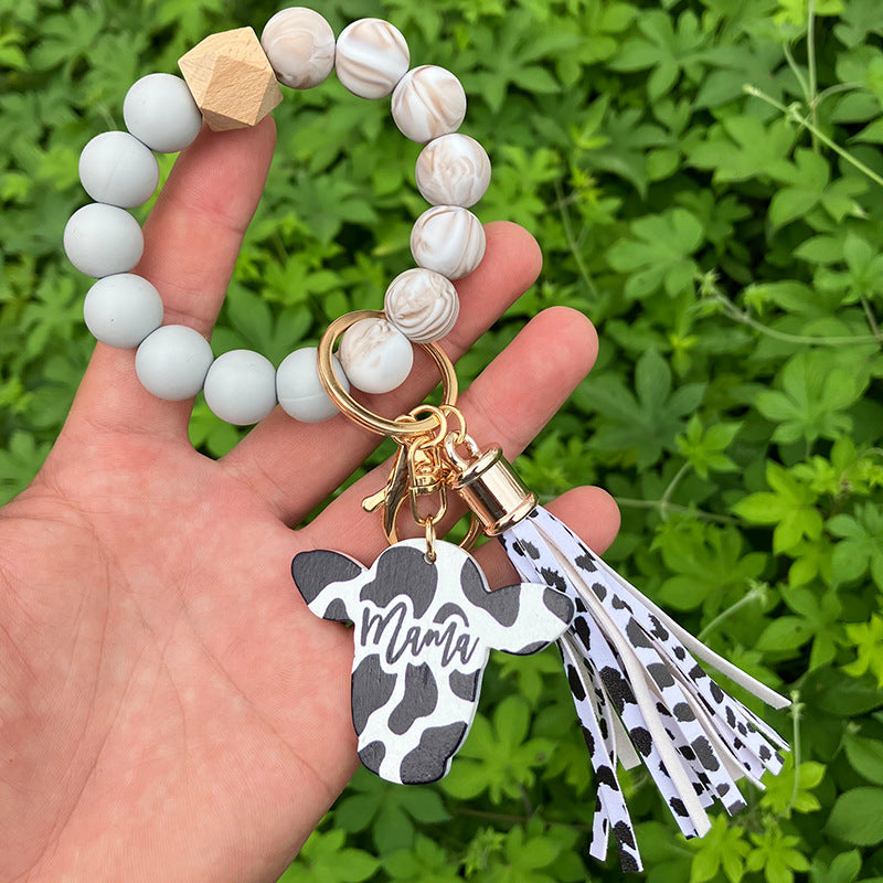 Wholesale Western Style Leopard Print Silicone Bead Bracelet Keychain