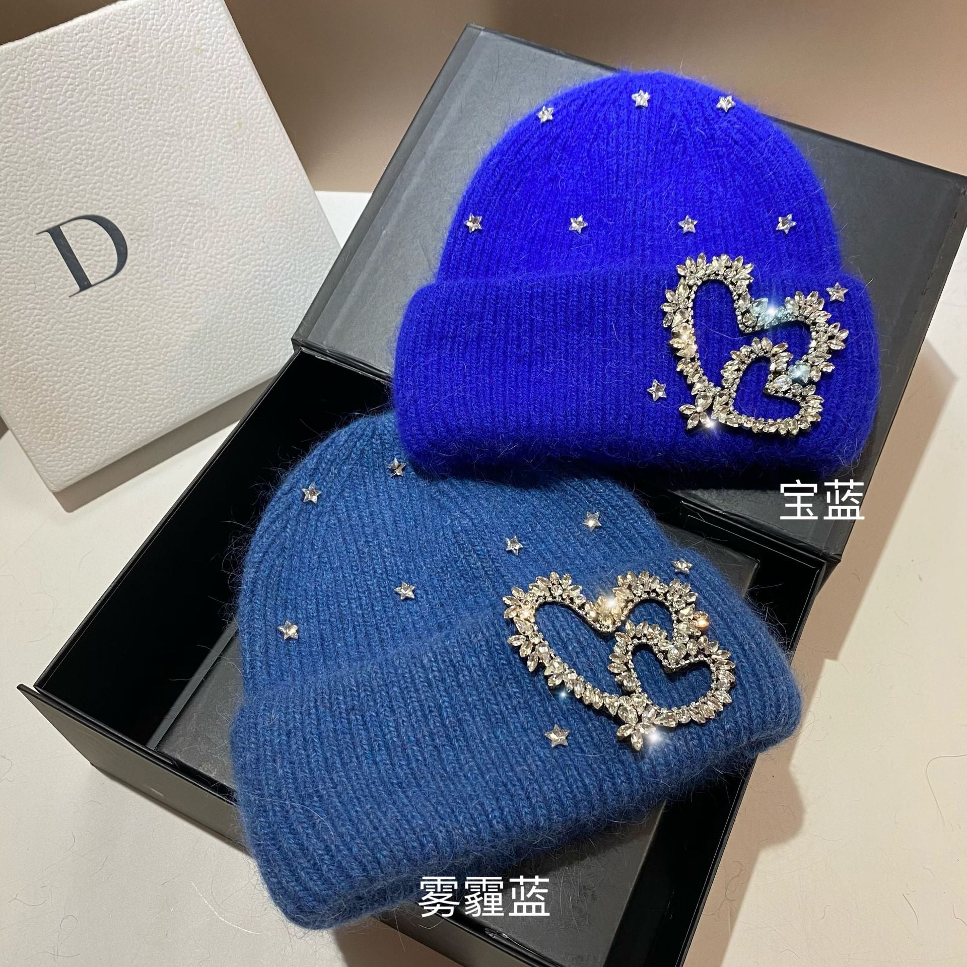 Wholesale Heavy Industry Rhinestone Heart Rabbit Fur Earmuff Knitted Hat