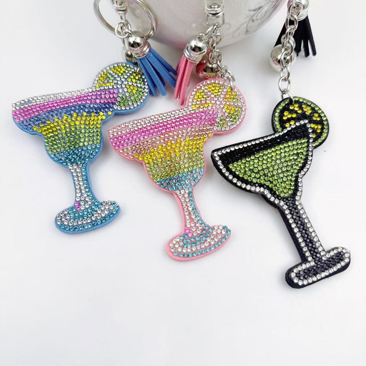 Wholesale Rhinestone Studded Wine Glass Keychain With Tassel Pink Zinc Alloy Bag Charm For Wedding Favors