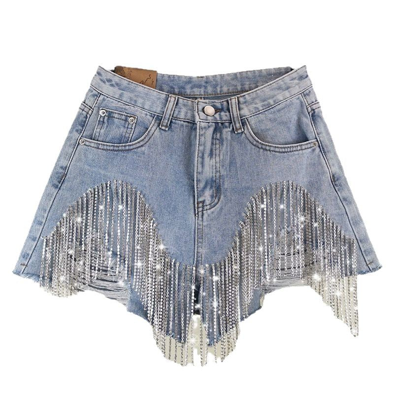 Wholesale ladies shorts with holes tassel chain sexy Denim shorts women