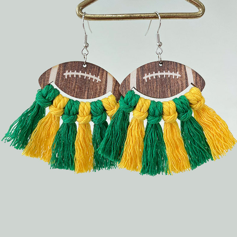 Wholesale 2 Pairs/pack Sports Woven Tassel Rugby Football Cheerleaders Wooden Drop Earrings