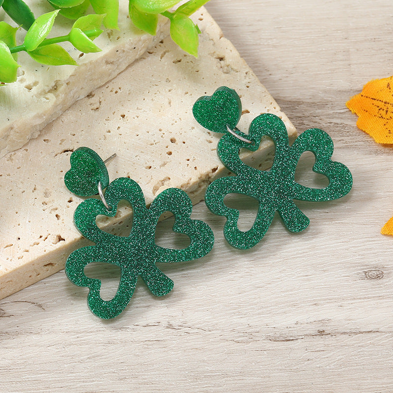 Wholesale St.Patrick's Day clover love flow sequins horseshoe hollow Carnival earrings