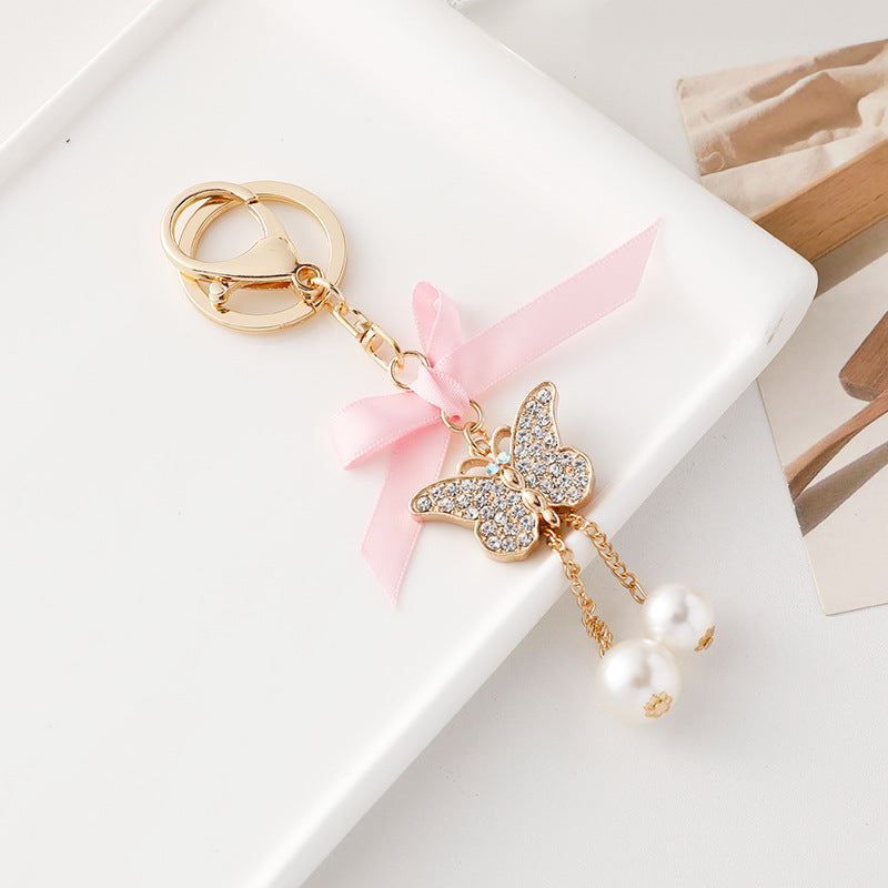Wholesale Pearl Alloy Butterfly Tassel Keychain