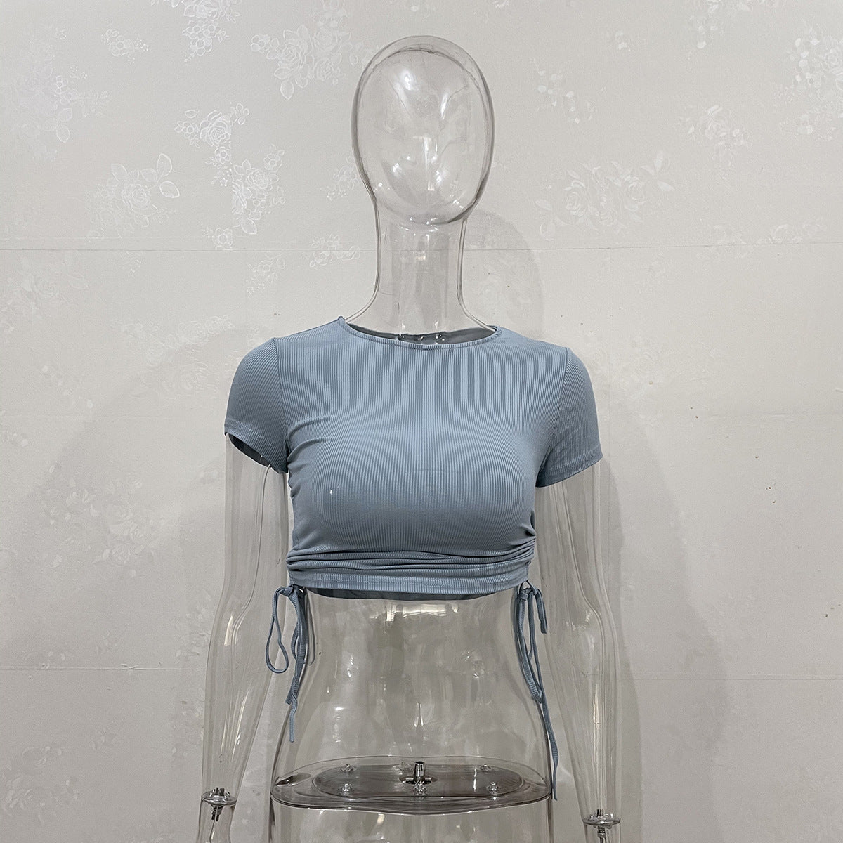 Wholesale Fashion Sexy Navel Stripe Short Drawstring Round Neck Short Sleeve