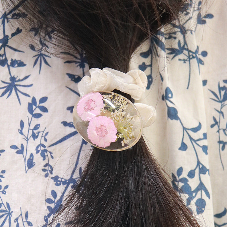 Wholesale 6pcs Real Flower Epoxy Organza Hair Tie