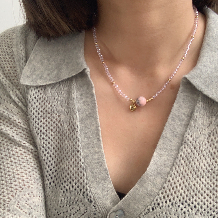 Wholesale Titanium Steel Heart Pendant Crystal Beaded Necklaces