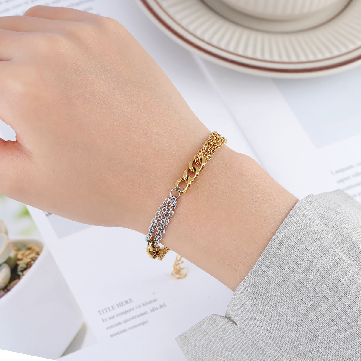 Wholesale Stainless Steel Gold Cuban Chain Three Piece Mixed Bracelet