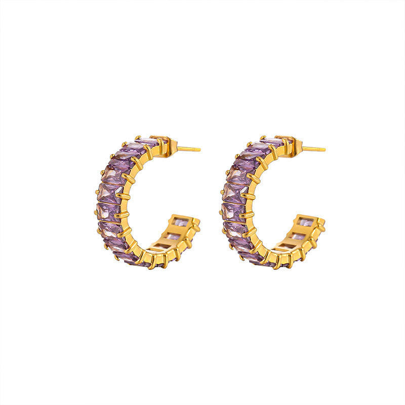Wholesale Colored Zircon Stainless Steel Gold Plated C Shape Earrings