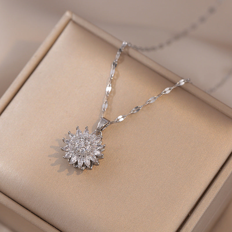 Wholesale New Arrival Diamond-encrusted Sunflower Ins Ring Rotatable Clavicle Chain Jewelry