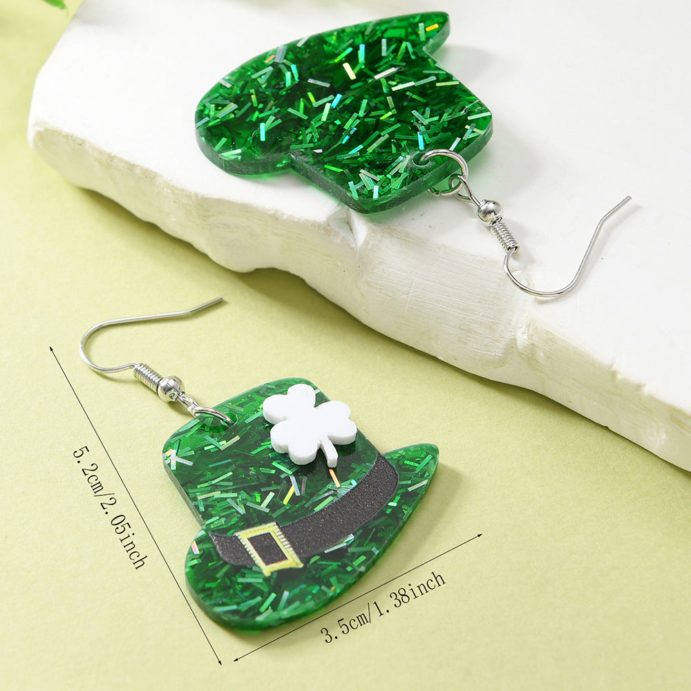 Wholesale St. Patrick's Day Green Hat Lucky Grass Clover Exaggerated Carnival Acrylic Double-Sided Earrings